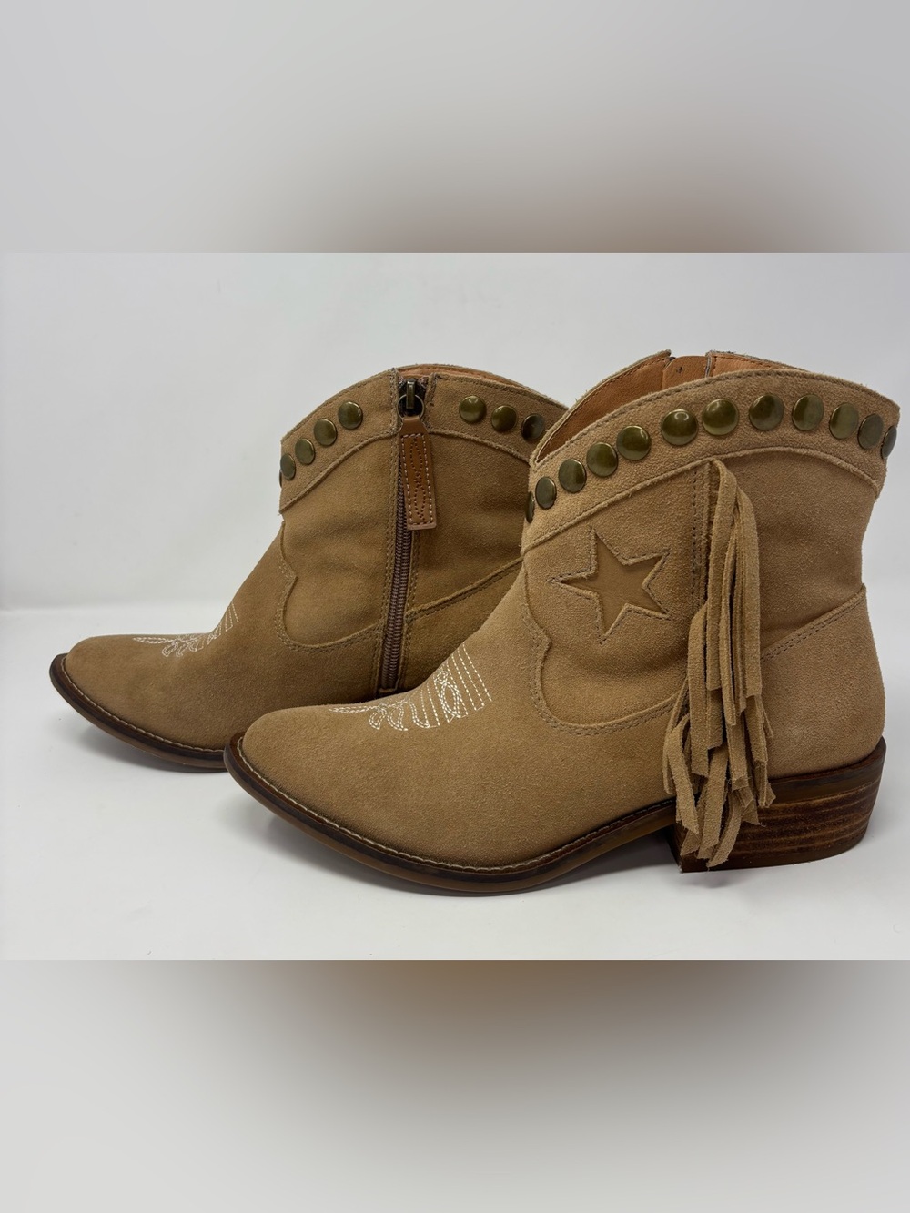 Dingo Lonestar Tan Suede Fringe Stud Cowboy Western Boots Booties 7.5 M